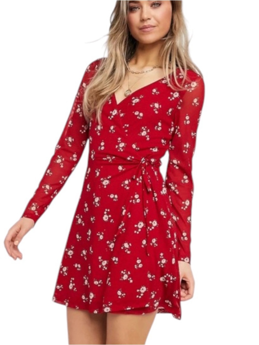 Hollister Red Floral Wrap Mini Dress with White Blossoms